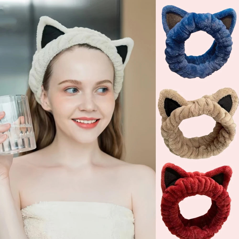 Cat Ears Plush Headband Coral Fleece Elastic Hair Band Women Shampoo Makeup Hair Band Cartoon Headwear Non-Slip Turban Head Wrap