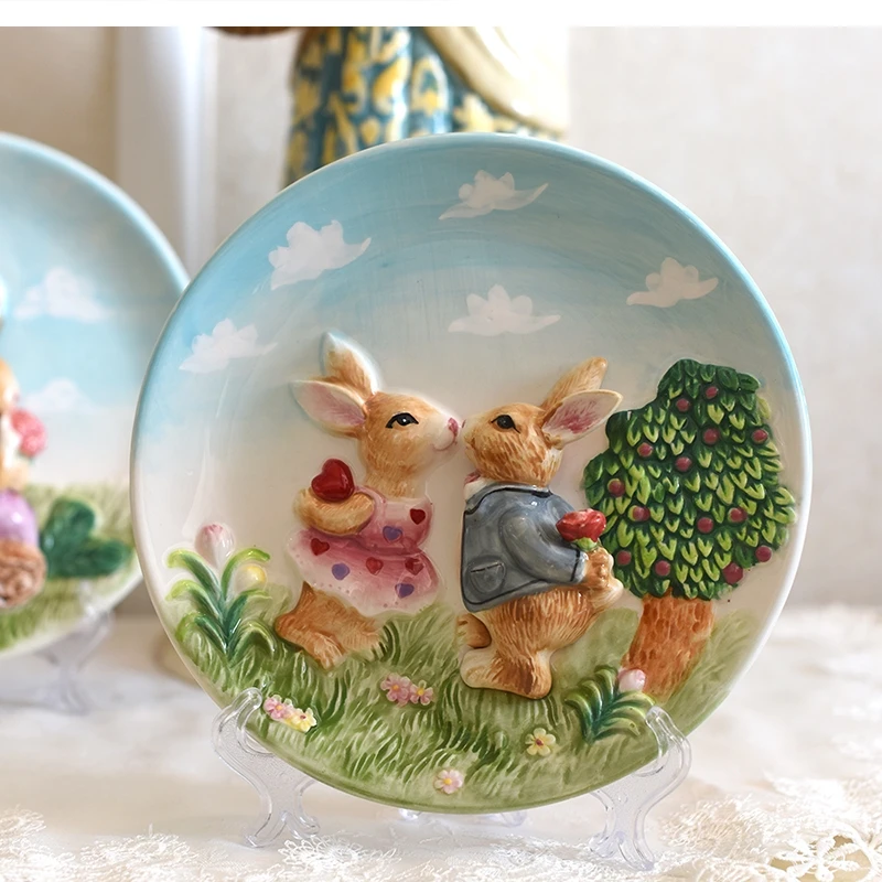 3D Rabbits Lovers Decorative Wall Dishes Porcelain Plates Home Decor Crafts Room Decoration Accessories Figurine