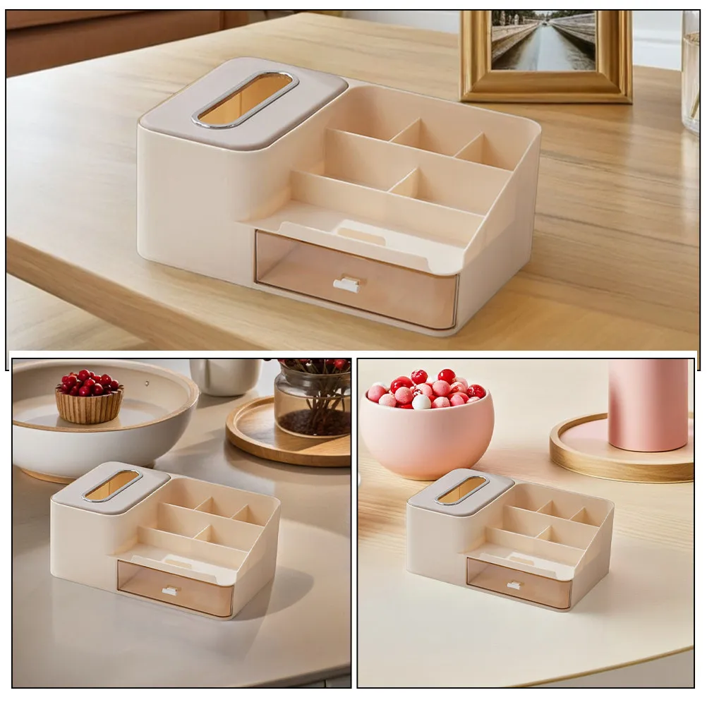 Desktop Storage Box Drawer Multi-Functional Tissue Holder Lipstick Organizer Makeup Skincare Vanity Drawer Organizer