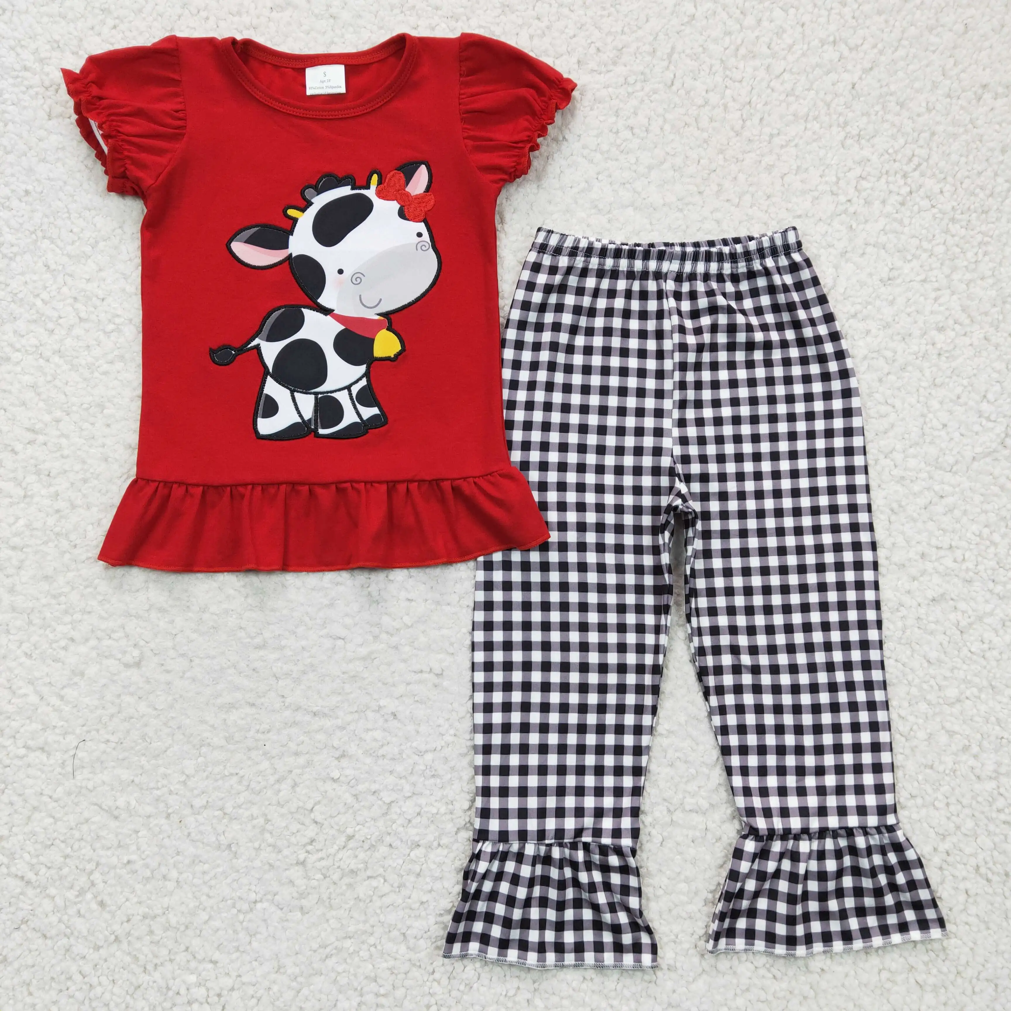 

2023 New design RTS wholesale red cow shirt children clothing boutique kids embroidery clothes sets baby girls cute outfits