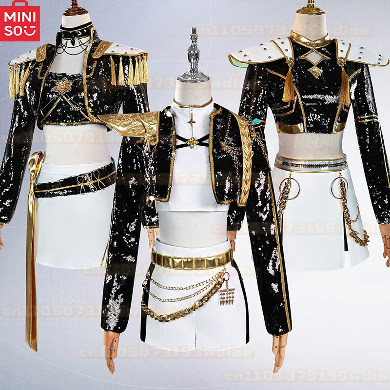MINISO Rumi Zoey Mira Cosplay KPop Demon Hunters Cosplay Costume Wig Women Black Golden Suit Halloween Party Role Playing Outfit