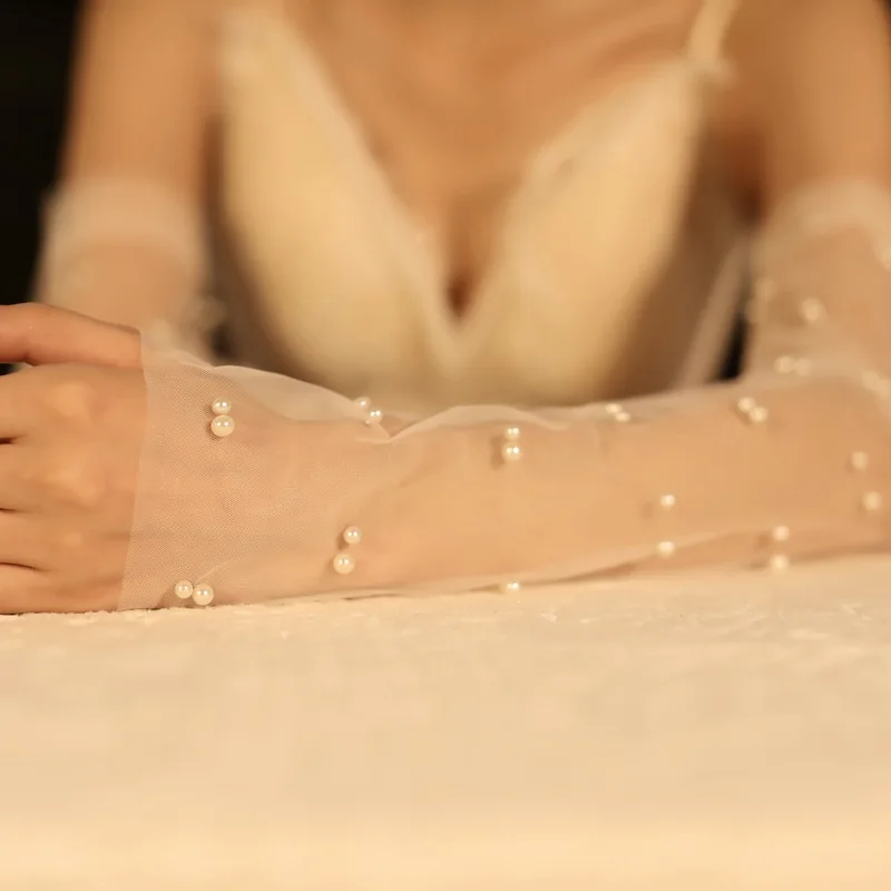 Removable Lace Long Bridal Gloves Hollow Out Replicated Pearls Transparent White Wedding Women Decoration Arm Sleeves