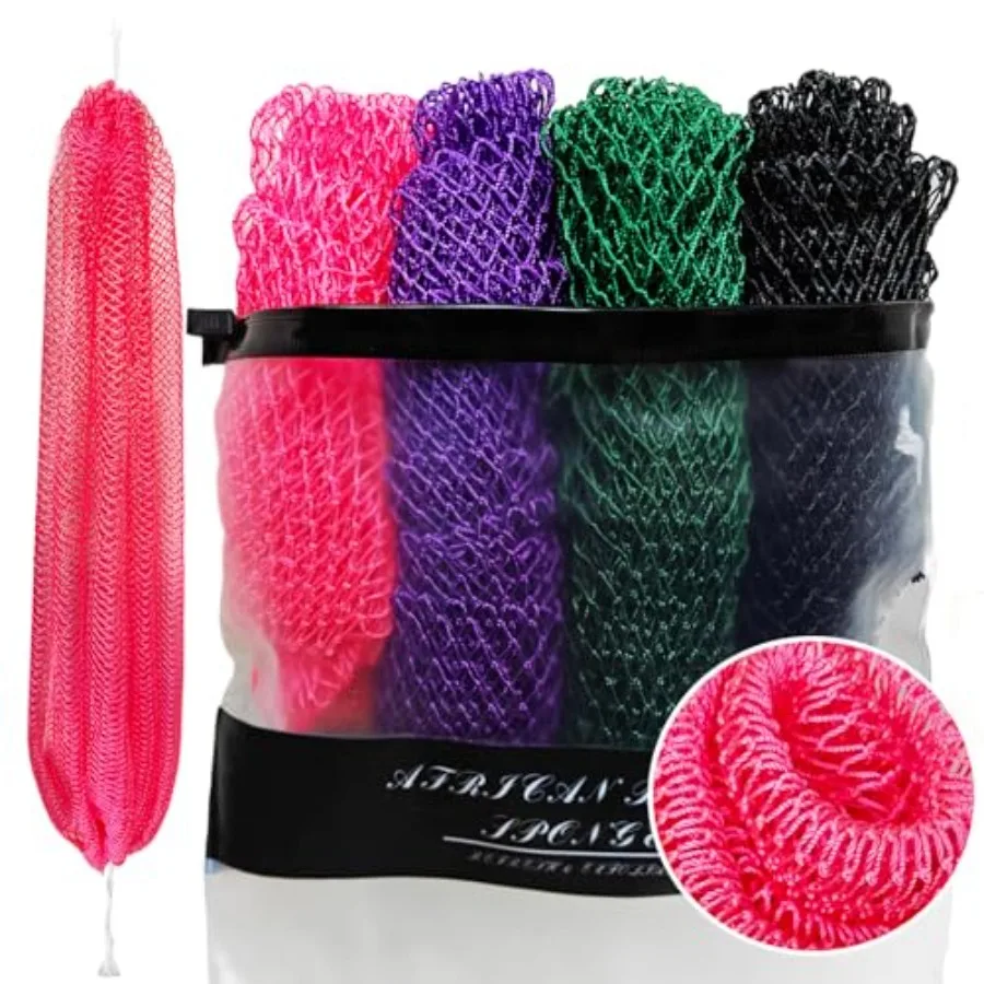 4 Pack African Net Sponge Authentic, 45" Long African Exfoliating Net Sponge with Knots, Body and Back Scrubber for Shower Bath