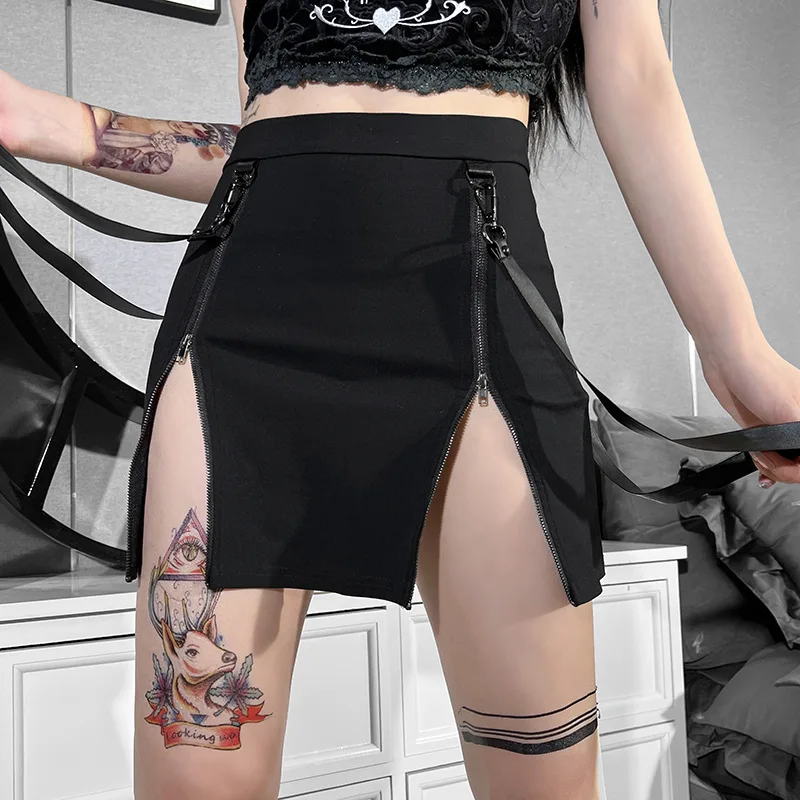 Gothic Zip Split Sexy Women Mini Skirts Grunge Strap Black High Waist Pencil Skirt Punk E-girl Alt Party Clubwear