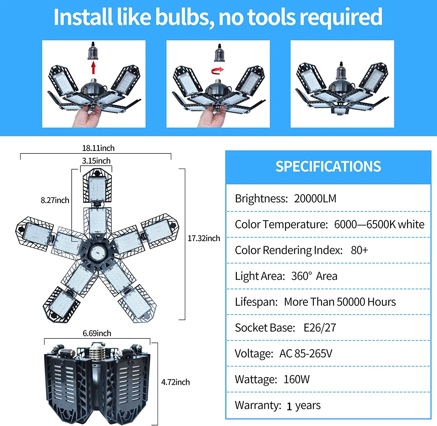 5 folhas dobrável lâmpada led luzes de teto garagem 180w 100 80 e26/e27 oficina armazém lâmpada do teto iluminação comercial