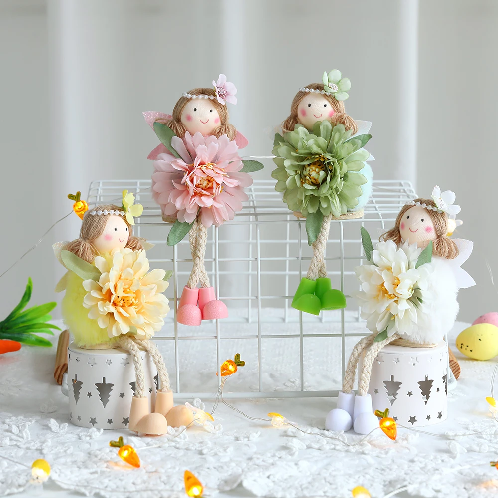 

17/23cm Plush Flower Fairy Bunny Rabbit Dolls Hanging Ornaments Yellow Green Pink White 2025 Easter Home Decor Kids Girls Gifts