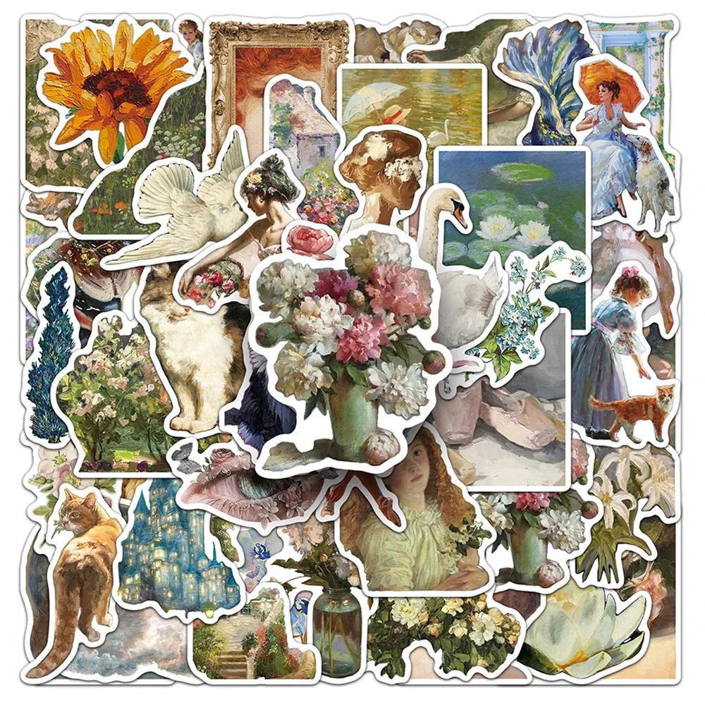 

10/30/50pcs Retro Art Oil Painting Stickers Vintage Aesthetic Decals DIY Notebook Guitar Phone Luggage Cartoon Graffiti Sticker