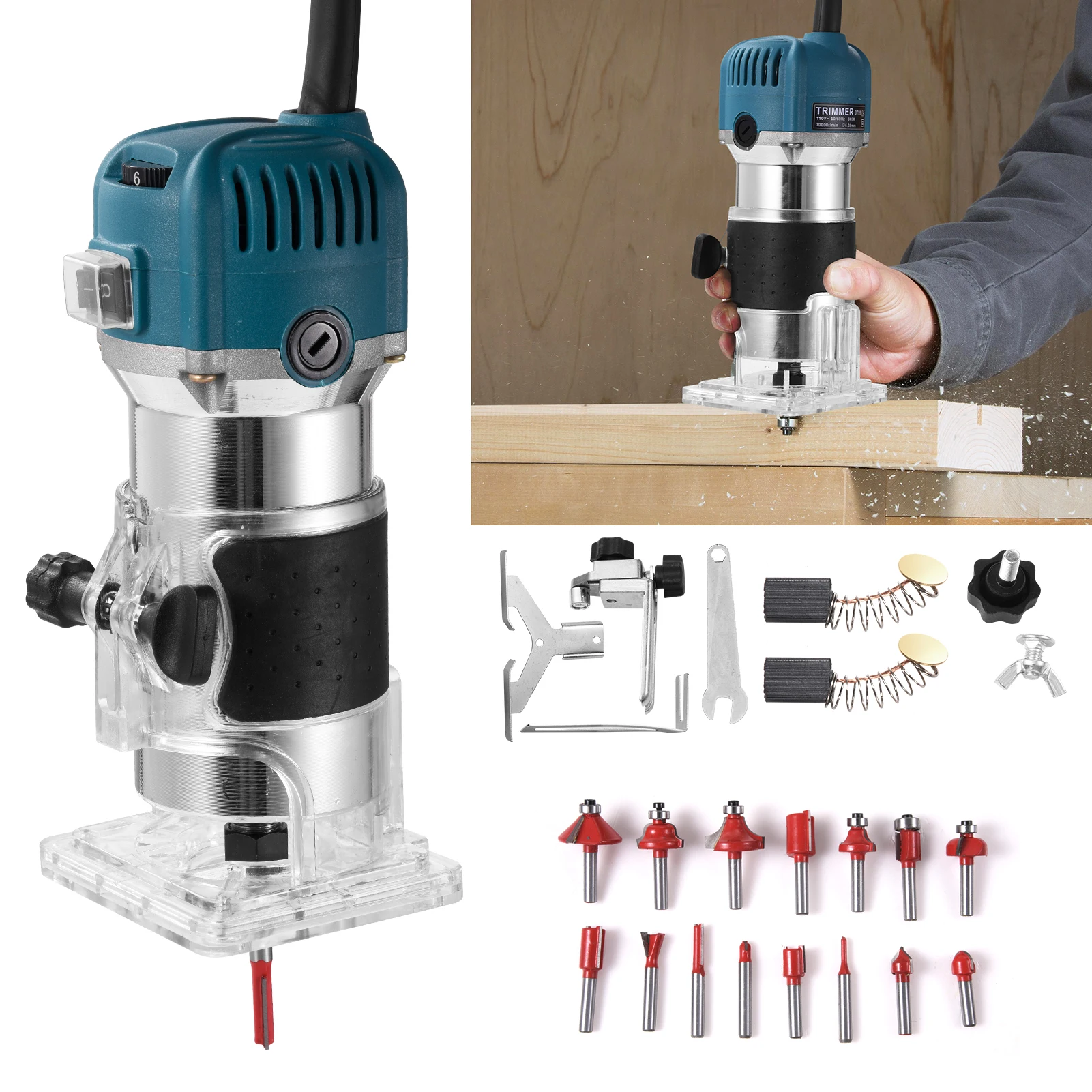 Kompakter Fräser mit variabler Drehzahl, 40000 U/min, 220V Laminatfräser mit ergonomischem Griff – Holzbearbeitungs-Werkzeugset mit 15 Fräsern