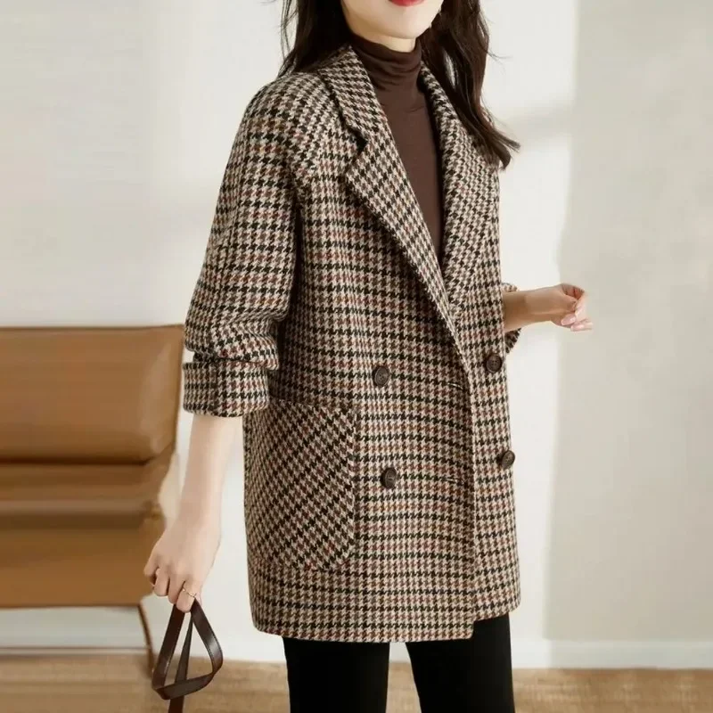 Plaid Women Wool Blends Coats Autumn Winter Overcoat Korean Fashion Mid Length Jacket Loose Lapel Outerwear Fashion Topcoat