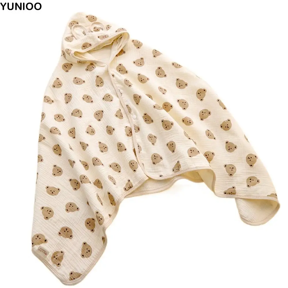 

Bear Printed Infant Hooded Towel Wrap Blanket Soft Texture Single Layer Pure Cotton Gauze Cloak Breathable Material
