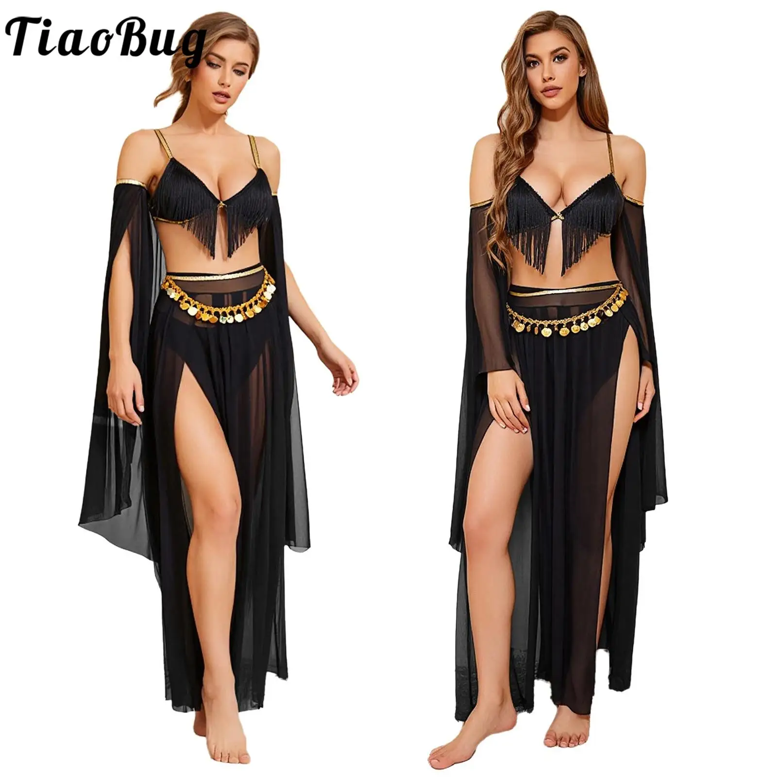 

Women Fashion Belly Dance Bra Top with High Slit Mesh Skirt Sequin Waist Chain Briefs Sets for India Folk Belly Stage Dancewear