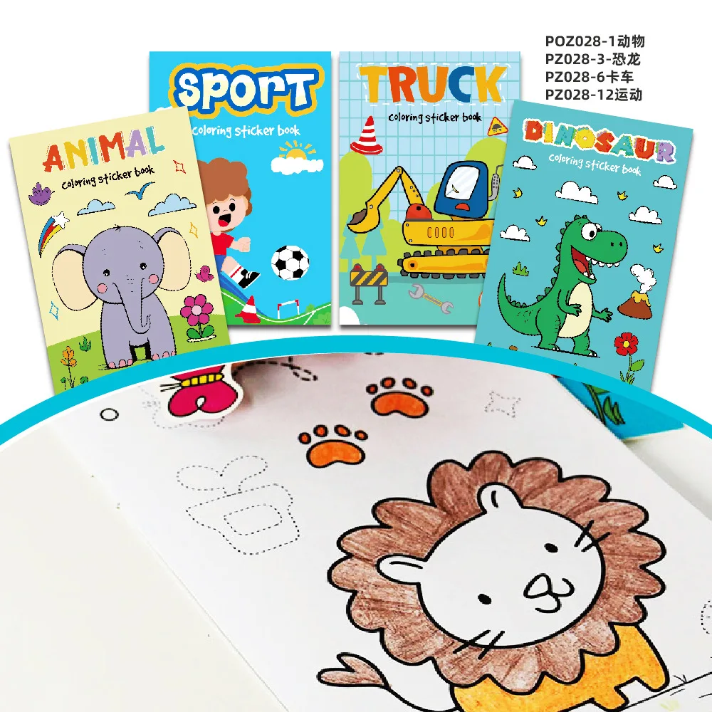 4pcs/set of Children's Cartoon Animal Coloring with Stickers Fun Coloring Book,
