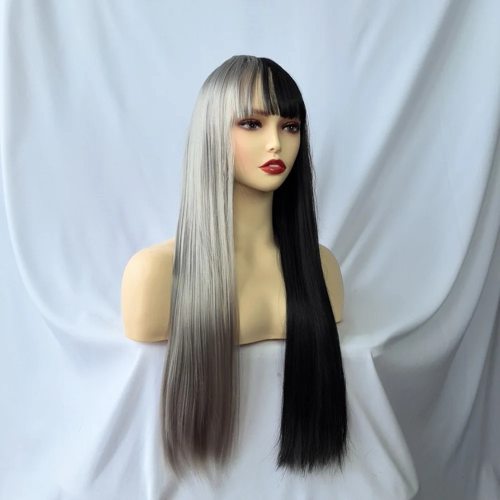 Black And Gray Left And Right Combination Design Wig Straight, Personalized Punk Style Halloween Popular Style