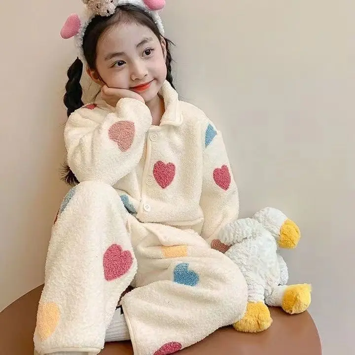 Autumn Winter Children's Flannel Sleepwear Thickened Girls' Coral Girls' Baby Velvet Home Suit Set for Wearing Outside