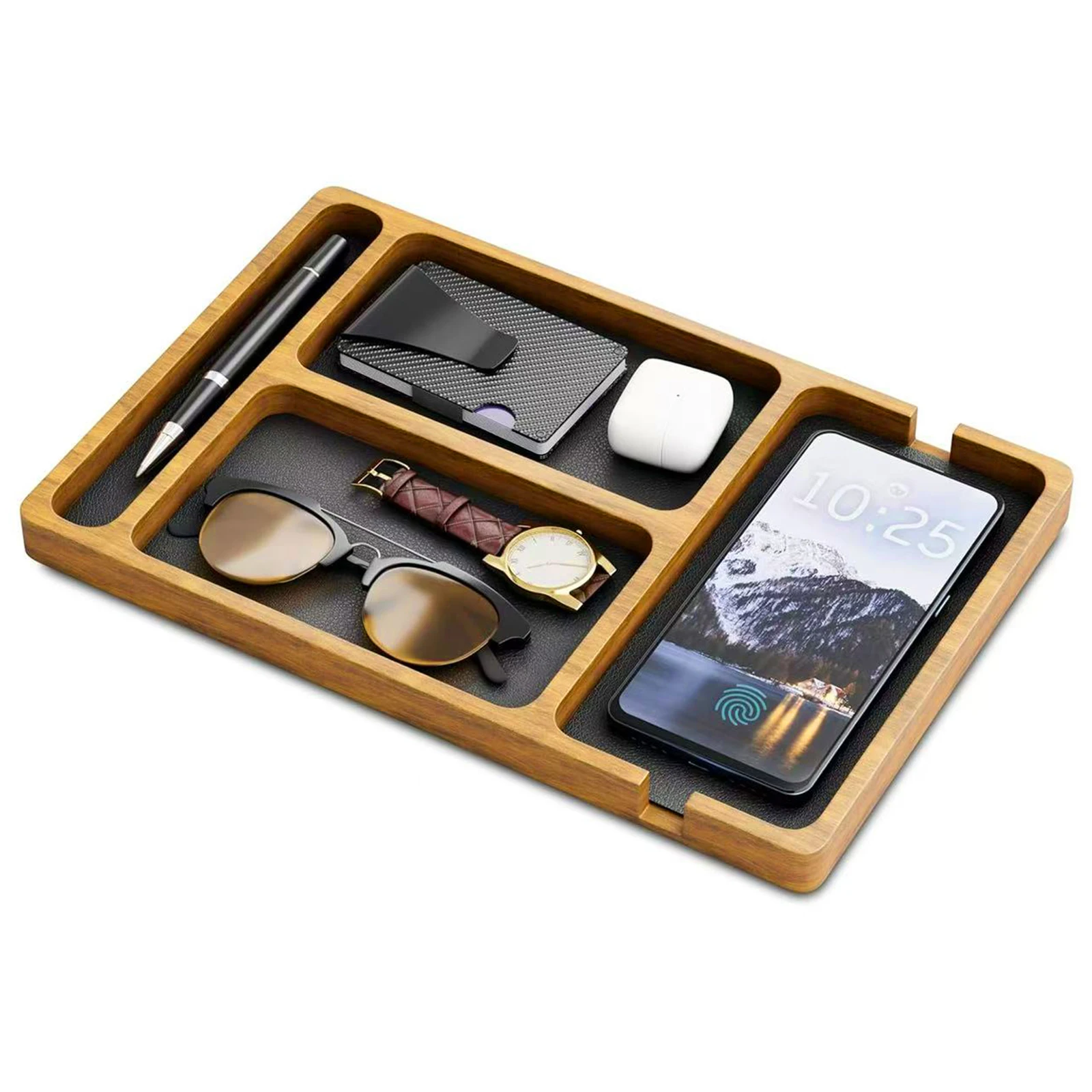 

Wooden Valet Tray for Men Women with Leather Inlay Nightstand & Desk Organizer for Store Phone Watch Wallet Keys Jewelry