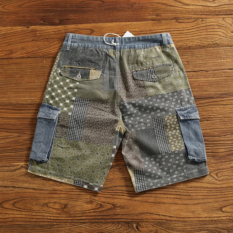 Cashew flower print workwear denim shorts men's loose summer distressed washed casual five quarter pants