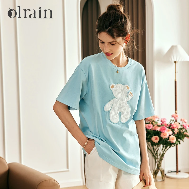 

OLrain Blue Knitted T-shirt Women Spring Summer 2025 French Style Commute Embroidery Loose Casual Round Neck Tops O23XT82363