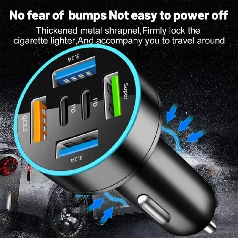 New Digital Display Car Charger Super 66W Fast Charging with 4USB+2PD Car Mobile Phone Adapter PD Mobile Phone Charging Head