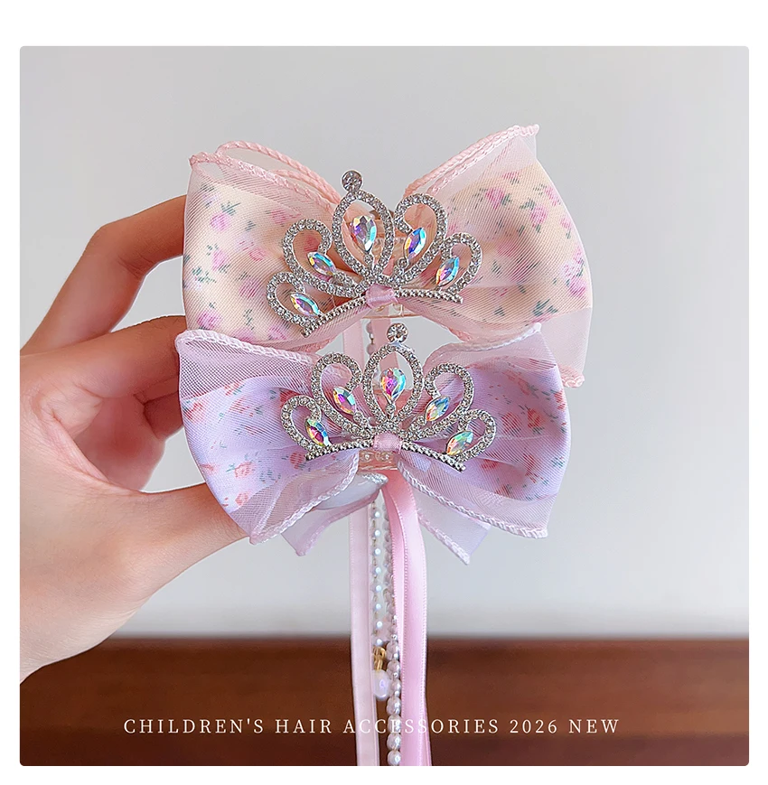 Neue Kinder-Prinzessinnen-Haarspange Glänzender Schmetterling Krone Schleife mit Langem Band Quaste Tüll Haaraccessoires Geburtstagsgeschenk – Detail 3