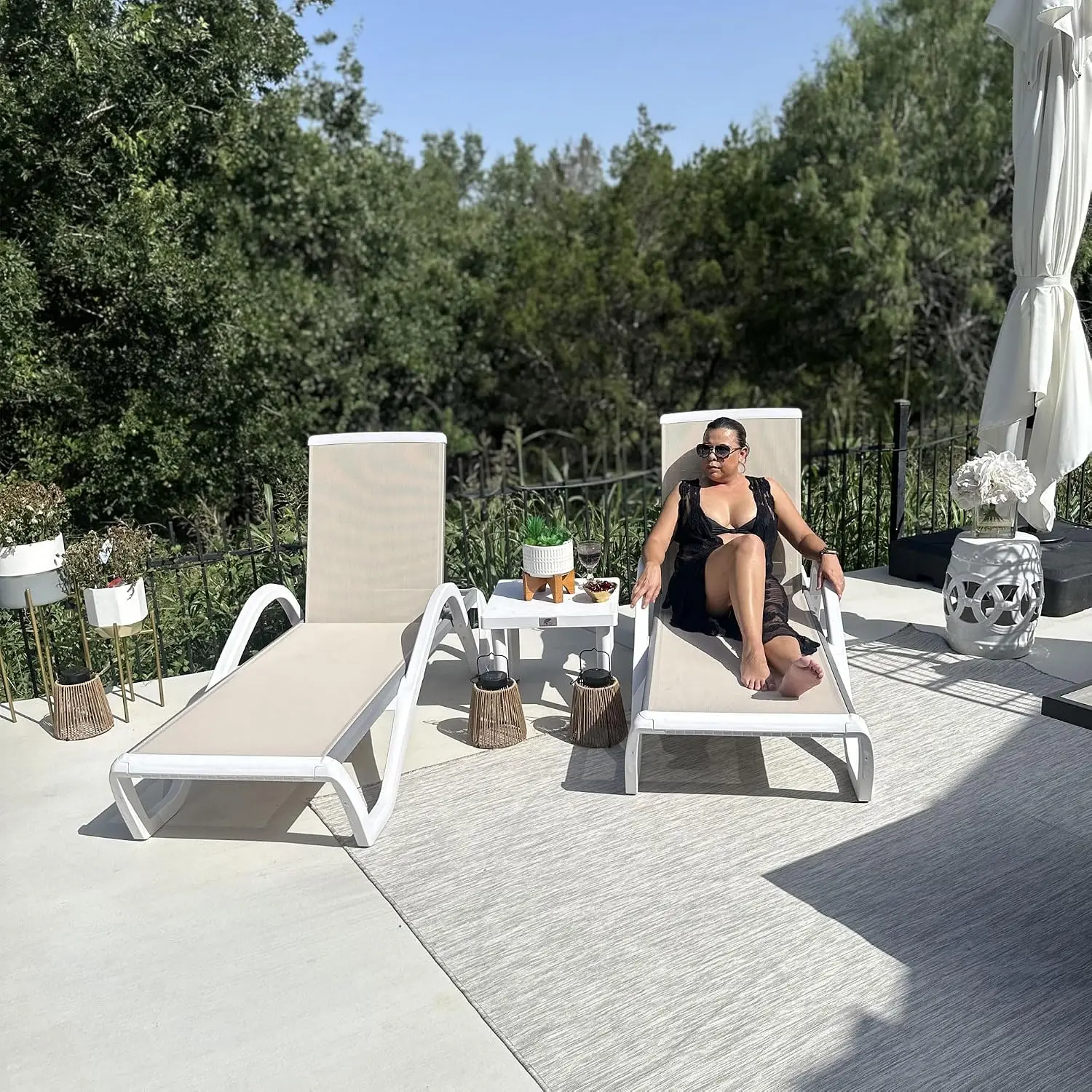Outdoor Chaise Lounge Set 3 with Arm & Table, Stackable PP Frame & Textilene, 6 Reclining Positions, Khaki, Customized