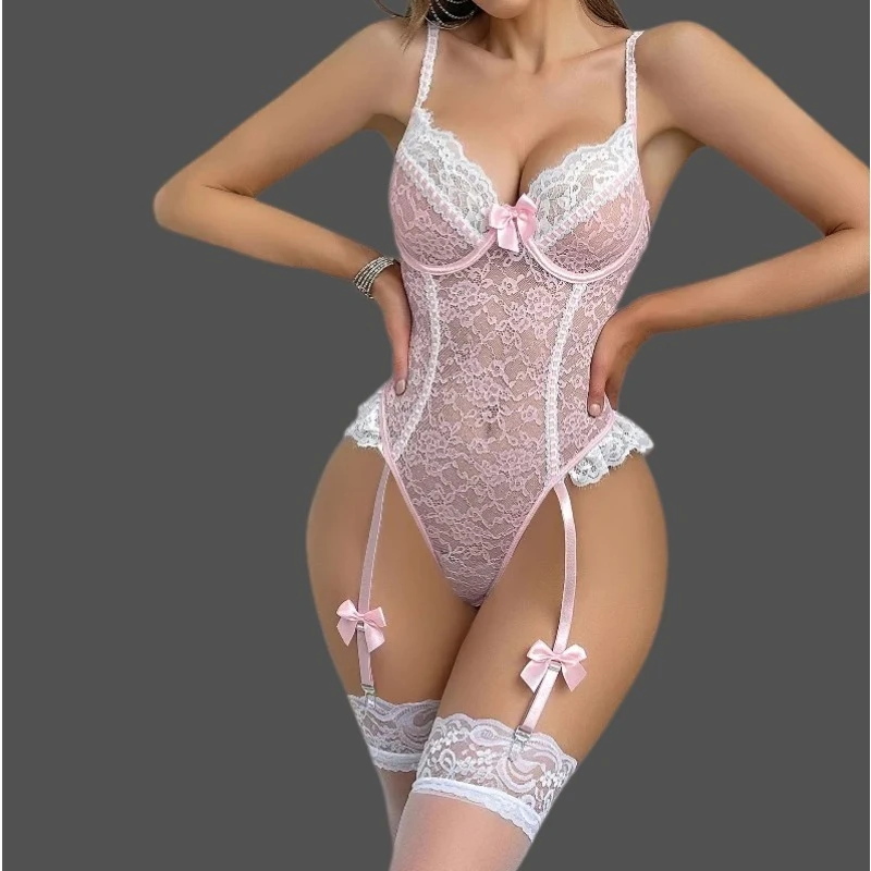 

Pink Lingerie Set Sexy Bra Set Frilled Floral Lace Bralette Transparent High Waist Panty Garter Erotic Underwear Set for Women