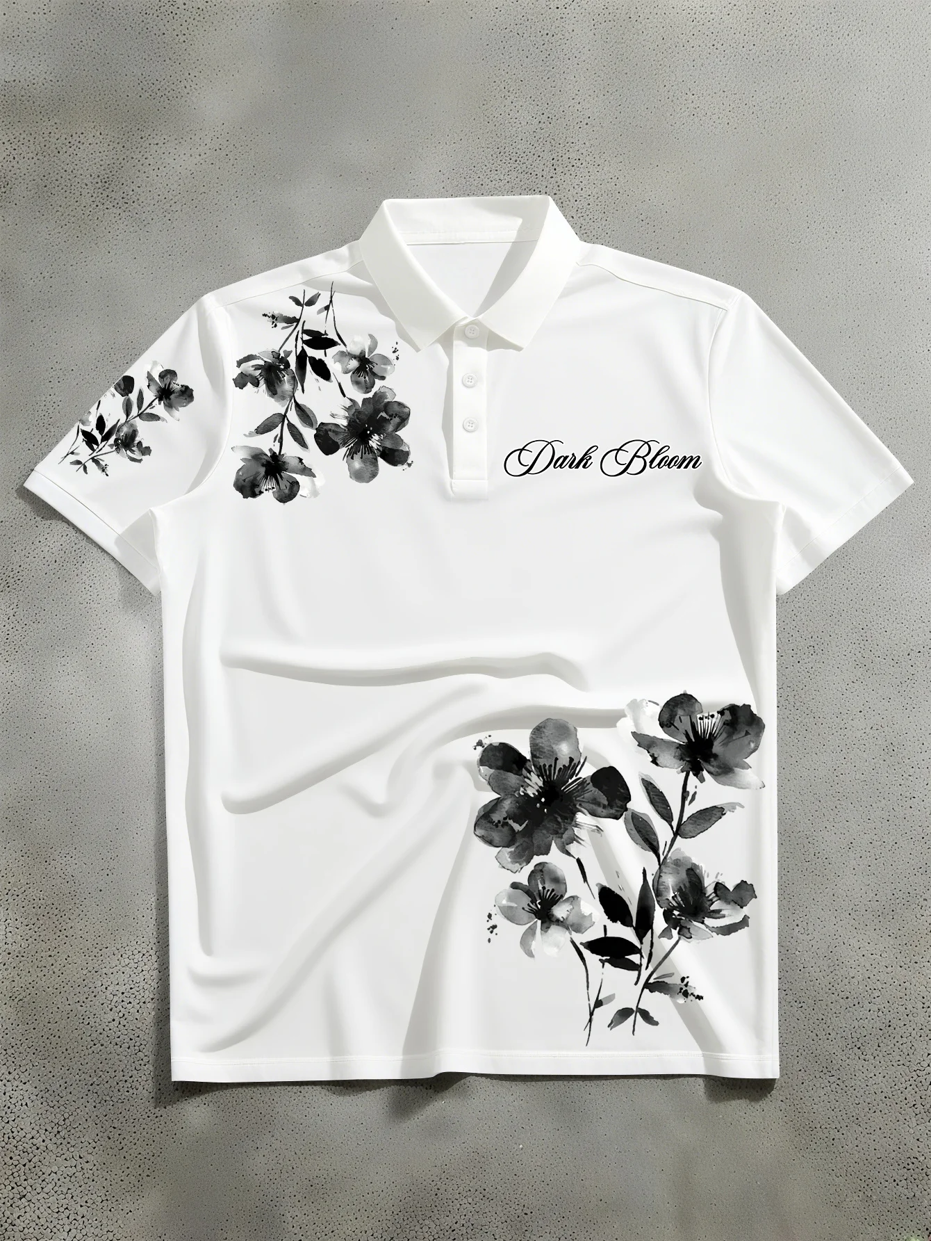 Men's Dark Style Short-Sleeve Polo Shirt with Ink Wash Floral & Italic English Lettering Print - Suitable for Casual Casual Wear