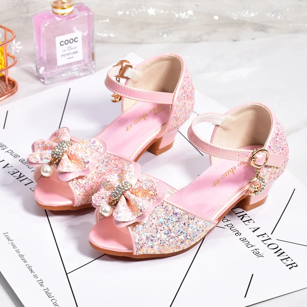 Girls Sandals Latest Children High Heels Rhinestones Fish Mouth Kids Sandals Soft Soled Crystal Bow Princess Dance Party Shoes