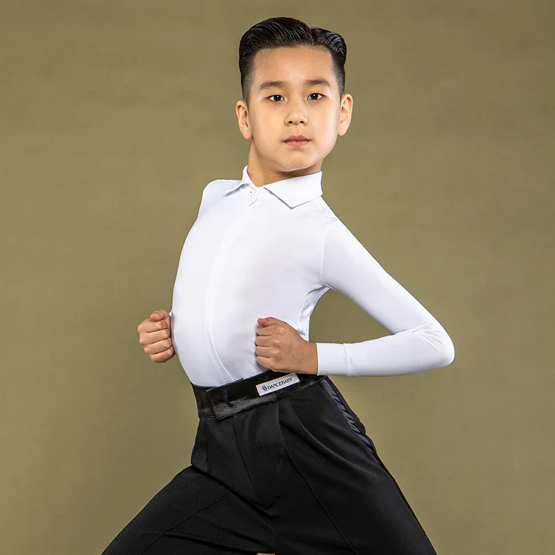 

2024 Kids Latin Ballroom Dancing Costume White Shirt Boys Latin Competition Tops Professional Cha Cha Tango Dance Clothes BL5771