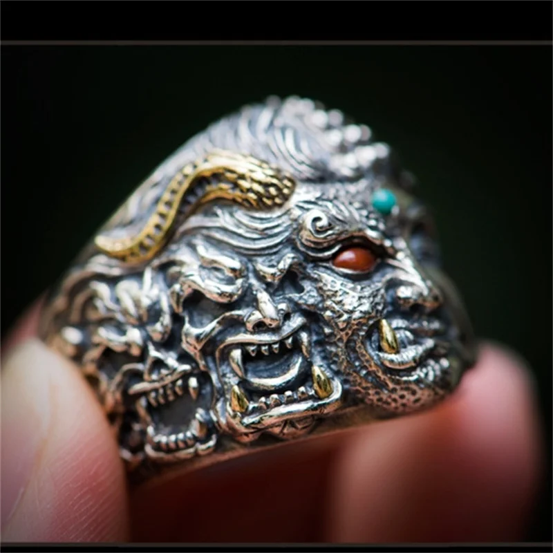 Personalized Domineering Double-side Buddha Demon Ring For Men Jewelry Vintage Agate Ring Male Blessing Amulet Accessories