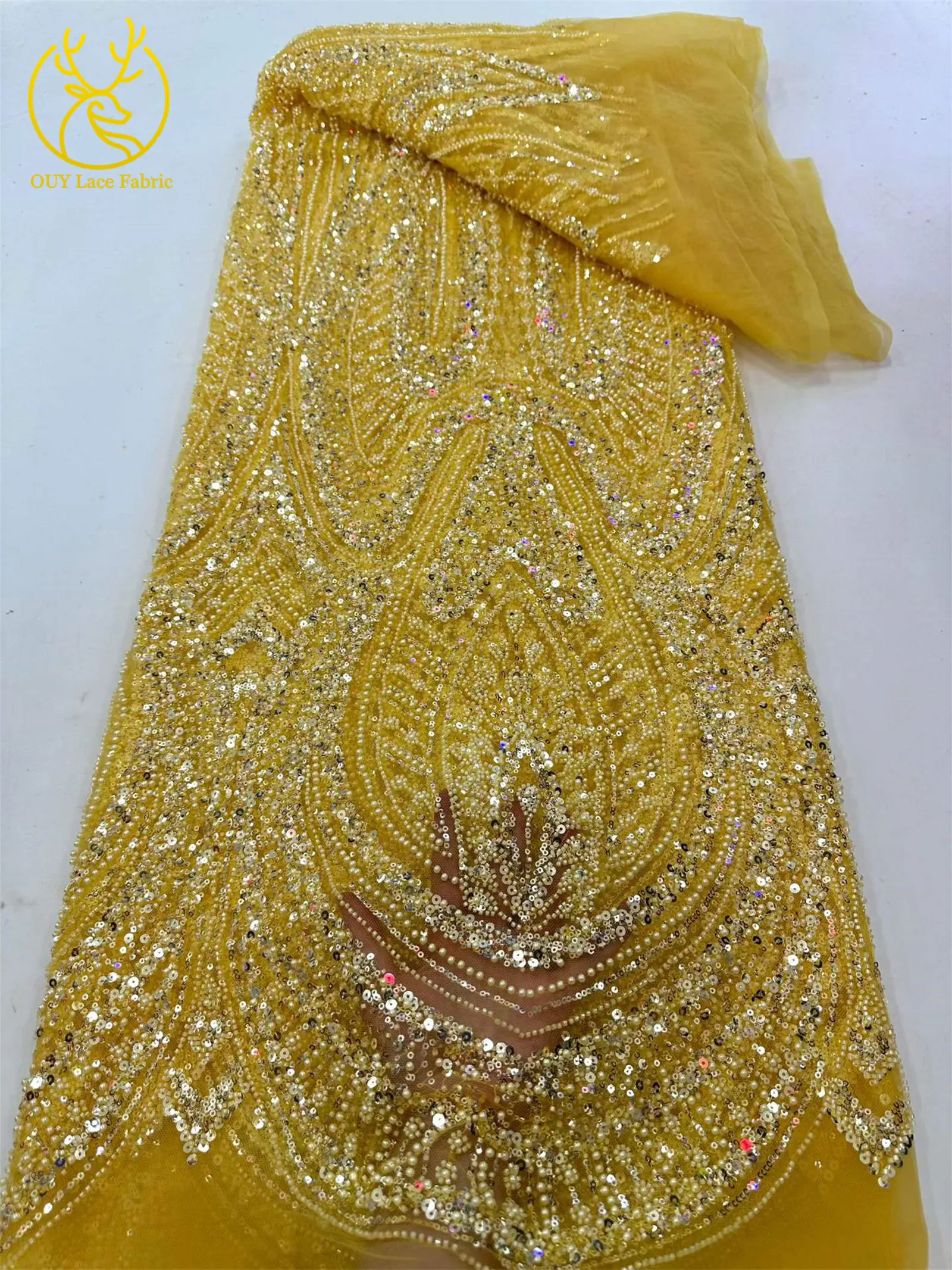 2026 Eleganter nigerianischer afrikanischer Bräutigam-Spitzenstoff mit Perlen, hochwertiger französischer Tüll-Pailletten-Spitzenstoff für Abendkleider, 5 Yards – Detail 12