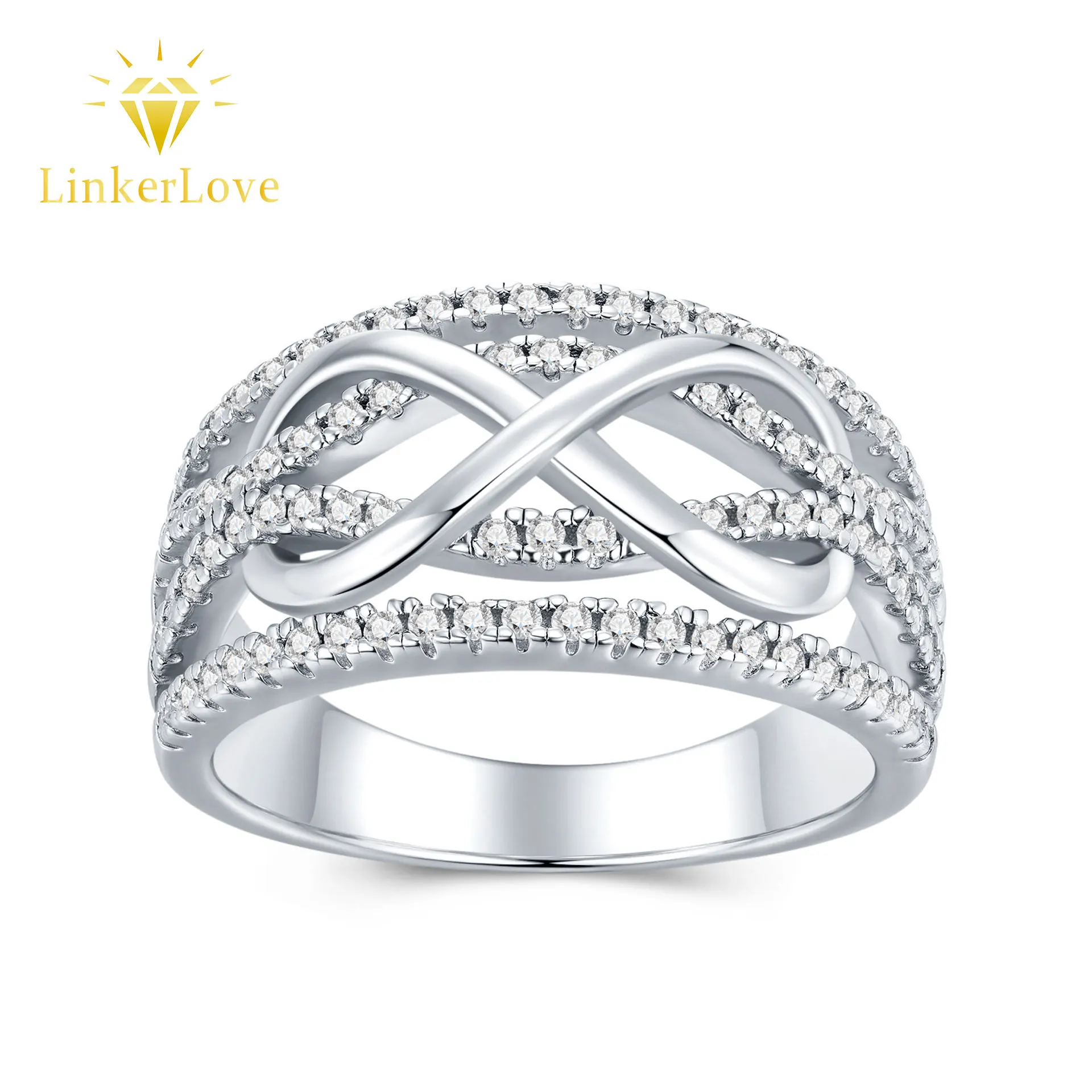 LinkerLove S925 Sterling Silver Infinity Wave Shape Wedding Band Moissanite White Gold Plated Diamond Engagement Ring for Women