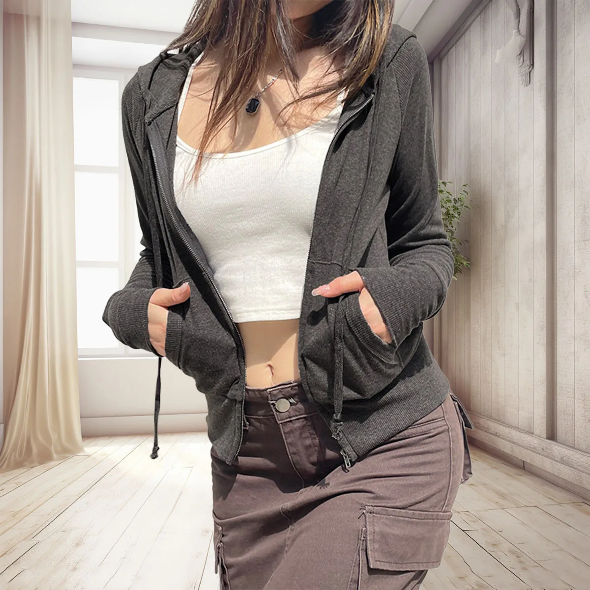 Lente en herfst dames casual straatset effen kleur basic sweatshirt met capuchon en zak sport tweedelige set