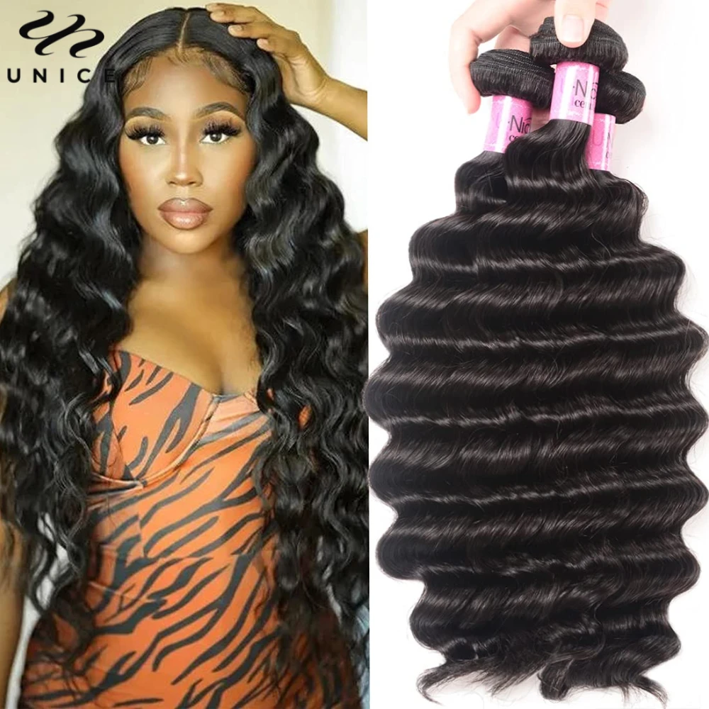 Unice Hair Loose Deep Wave Bundles 1/3/4 PCS Deal Natural Color 100% Human Hair Bundles Sew In Quick Weaves 100Grams 12-26 Inch