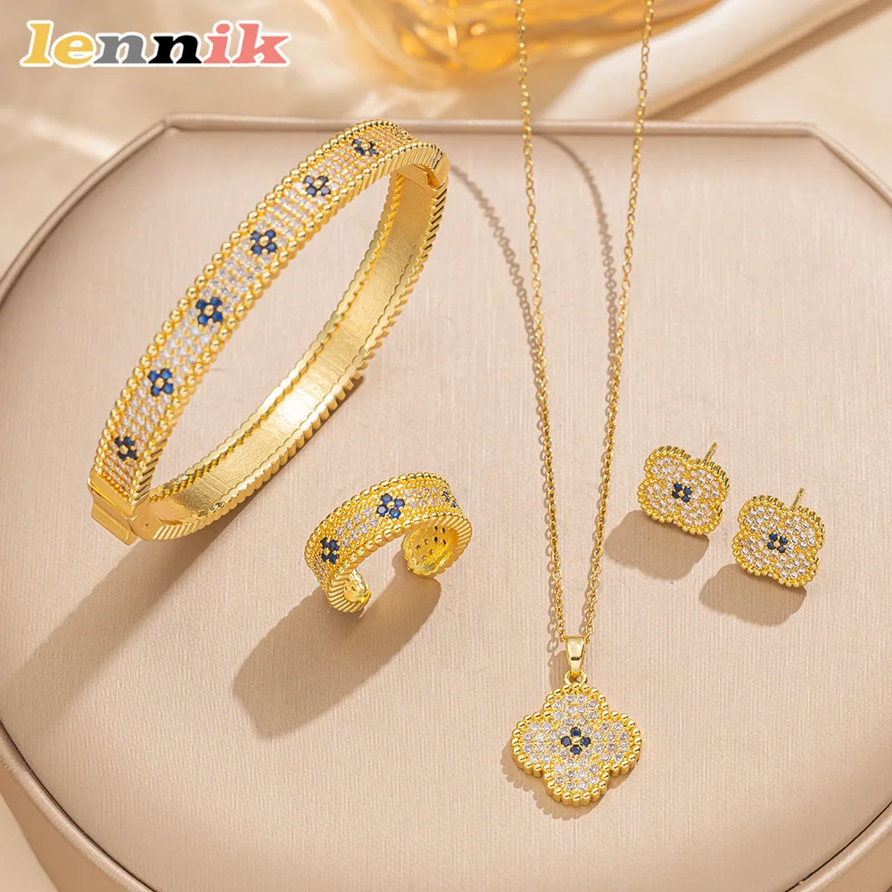 LENNIK Premium Lucky Clover Luxus-Ohrringe mit Vollzirkon-Mikropflaster, Halskette, Ring-Set, vielseitig für den Alltag/Party, perfektes Geschenk