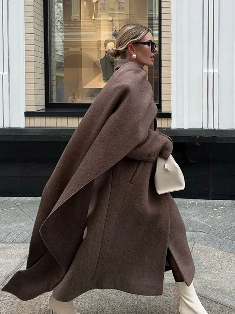 Abrigo de mujer con cuello y bufanda grande de manga larga de gran tamaño a la moda, abrigo elegante liso con bolsillos y doble botonadura, ropa para ir al trabajo 2024