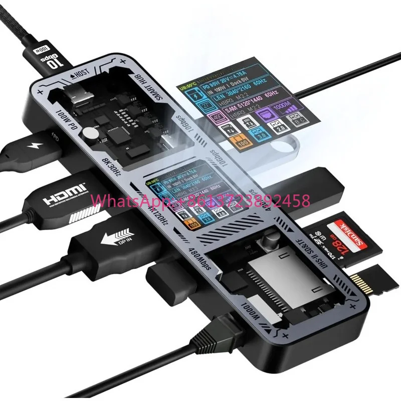 10-in-1 Smart Hub With LCD Screen Dual 4K@60Hz Display/ 1000Mbps/ UHS-II SD&TF/ 100W PD/ USB 3.2 Gen 2