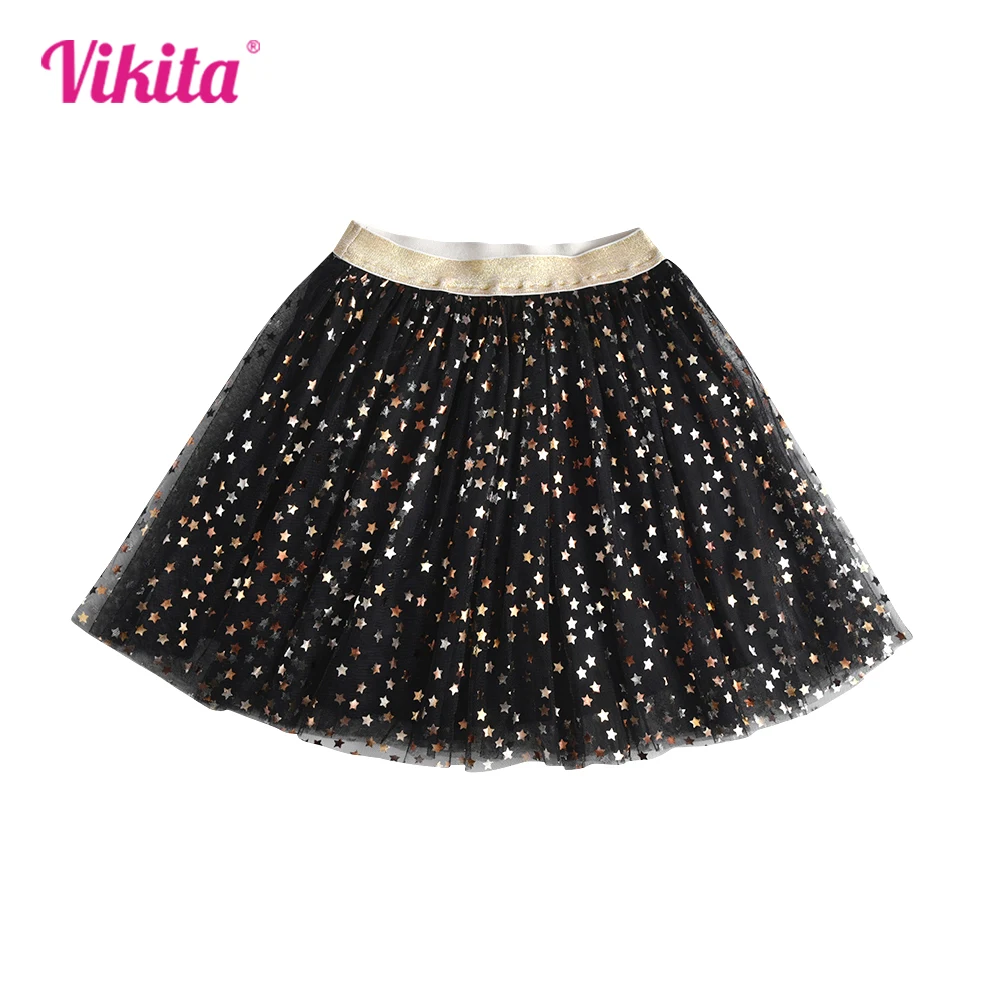 

VIKITA Girls Star Sequins Sparkly Mesh Tutu Skirts Kids Casual Summer Black Tulle Princess Party Dance Performance Mini Skirt
