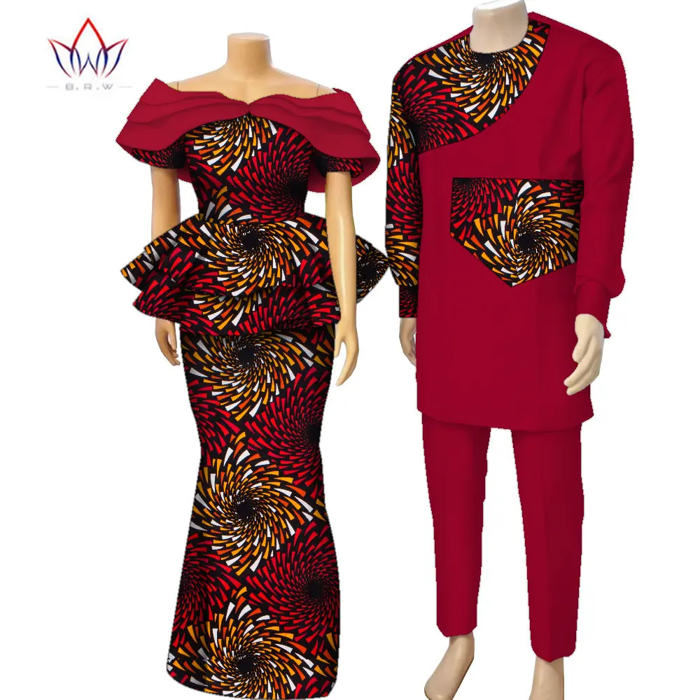 African Couple Clothes Party Skirt Set for Women Riche Men Print Robe Shirt with Trousers Suits Sets Wedding Clothing Wyq987