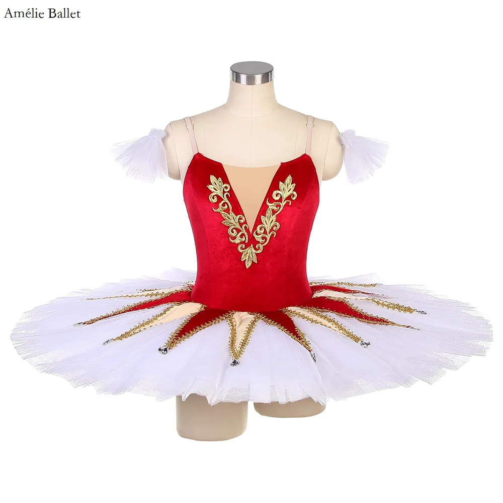 

BLL061 Red Velvet Pre-Professional Ballet Dance Tutu with Layer of Stiff Tulle Ballerina Dress Pancake Tutu Performance Costumes