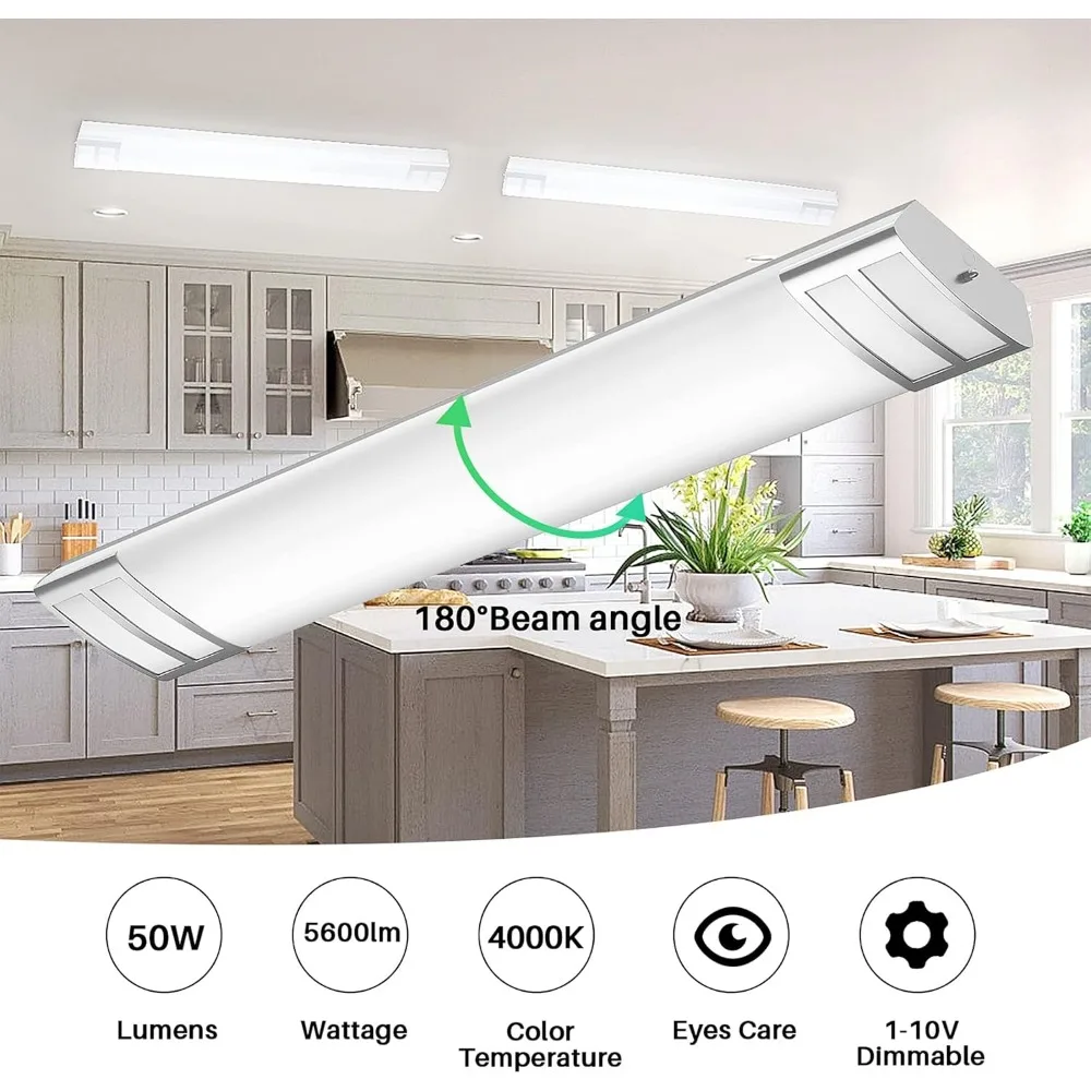 調光可能な4フィートLEDフラッシュマウントキッチン照明器具、50W 5600ルーメン、1-10V調光可能、4000K、4フィートLEDキッチン照明