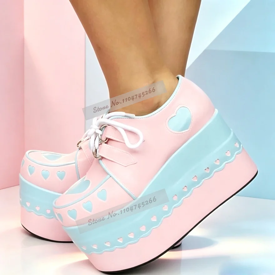 Pink Blue Colorblock Heart Cutout Platform Oxford Shoes Lace Up Scalloped Trim Super Thick Wedge Y2K Cosplay Party Shoes