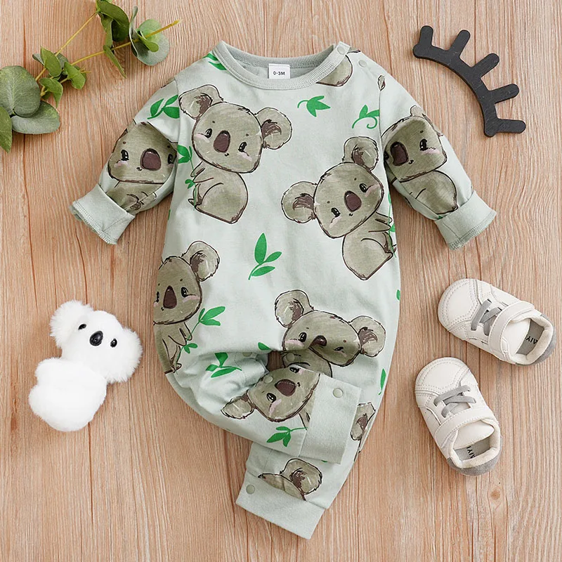 Spring And Autumn Boys And Girls\' Cute Cartoon Kaola Full Print Cotton Comfortable Long Sleeve Baby Bodysuit