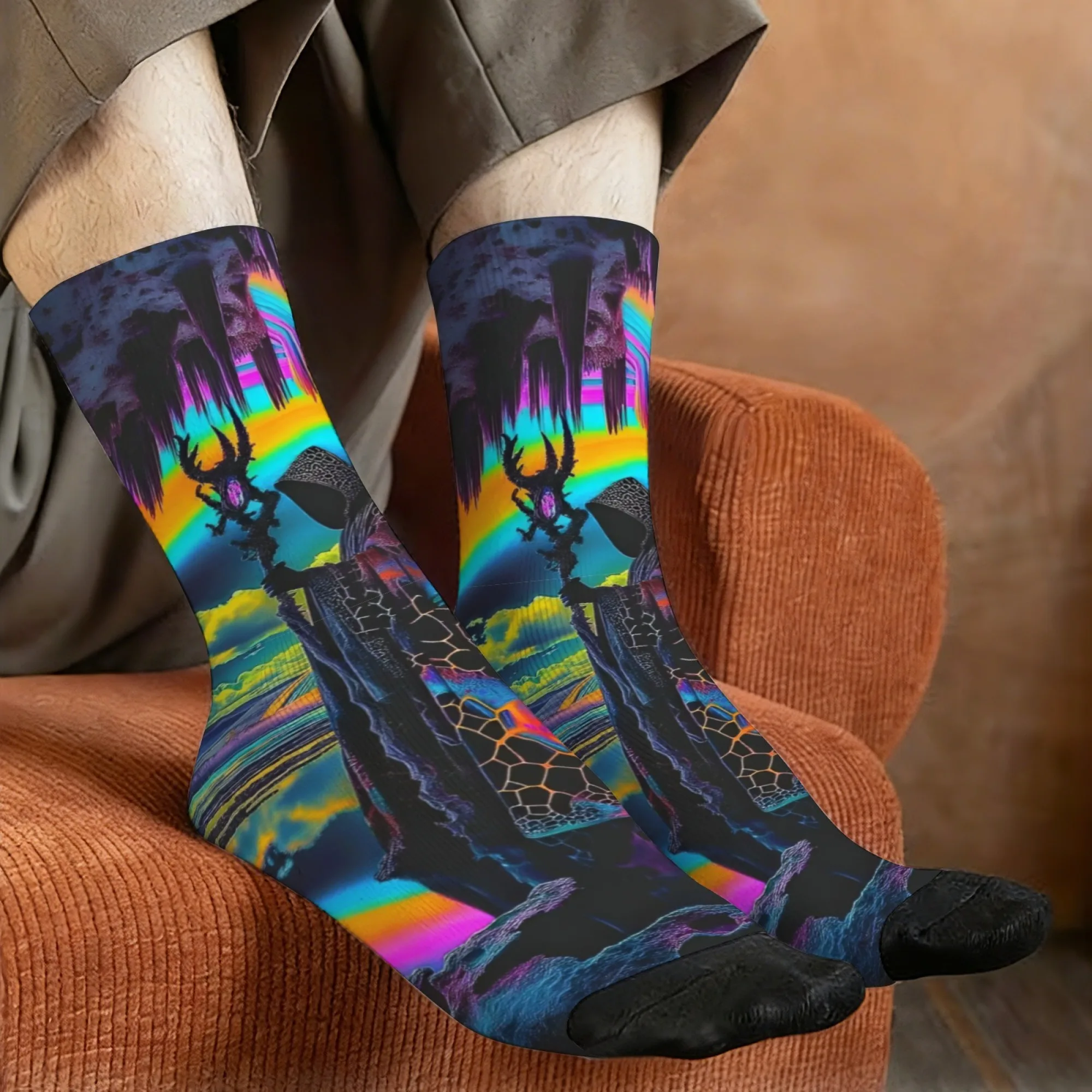 Novelty psychedelic fantasy mysterious rainbow hooded socks with wizard prints for men perfect for a Harajuku party or fun gift