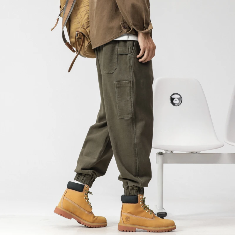 2024 fall outdoor hunting work pants combed cotton stretch peplum casual pants men's loose drawstring Haren pants