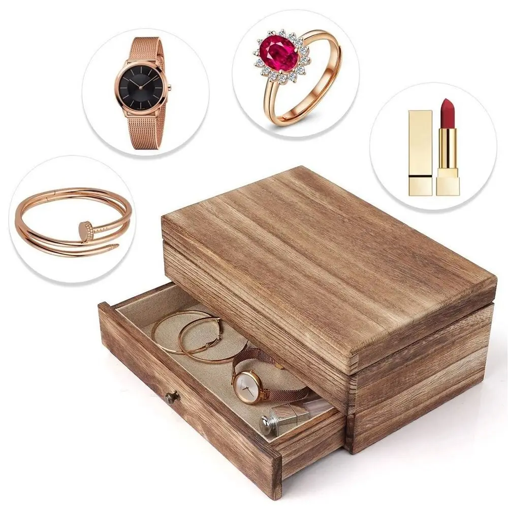 Double Layer Wooden Jewelry Display Box Vintage Multicompartment Lipsticks Storage Holder Soft Lining Large Capacity