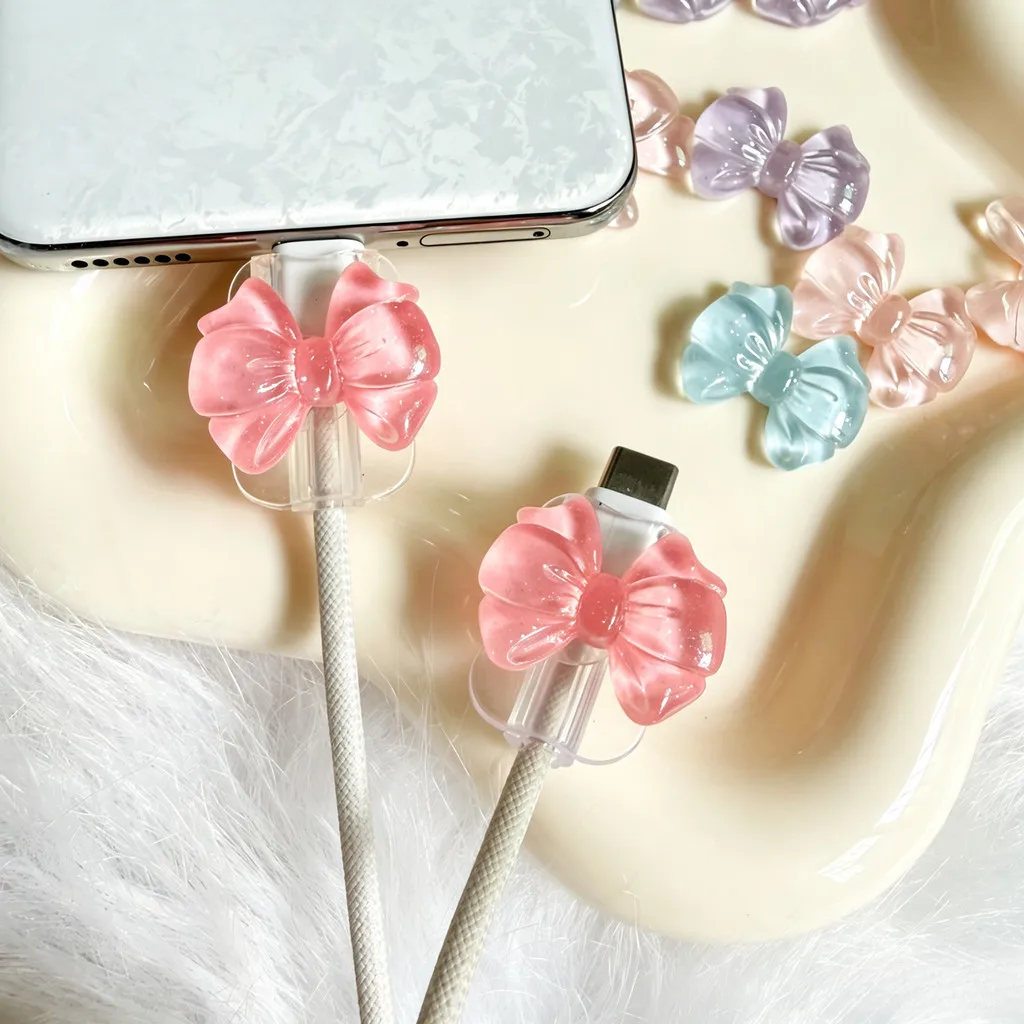 Cute Glitter Bowknot Cable Protector Anti-Break Data Cord Saver Wire Clip For iPhone 17 16 Type C USB Charger Drop shipping