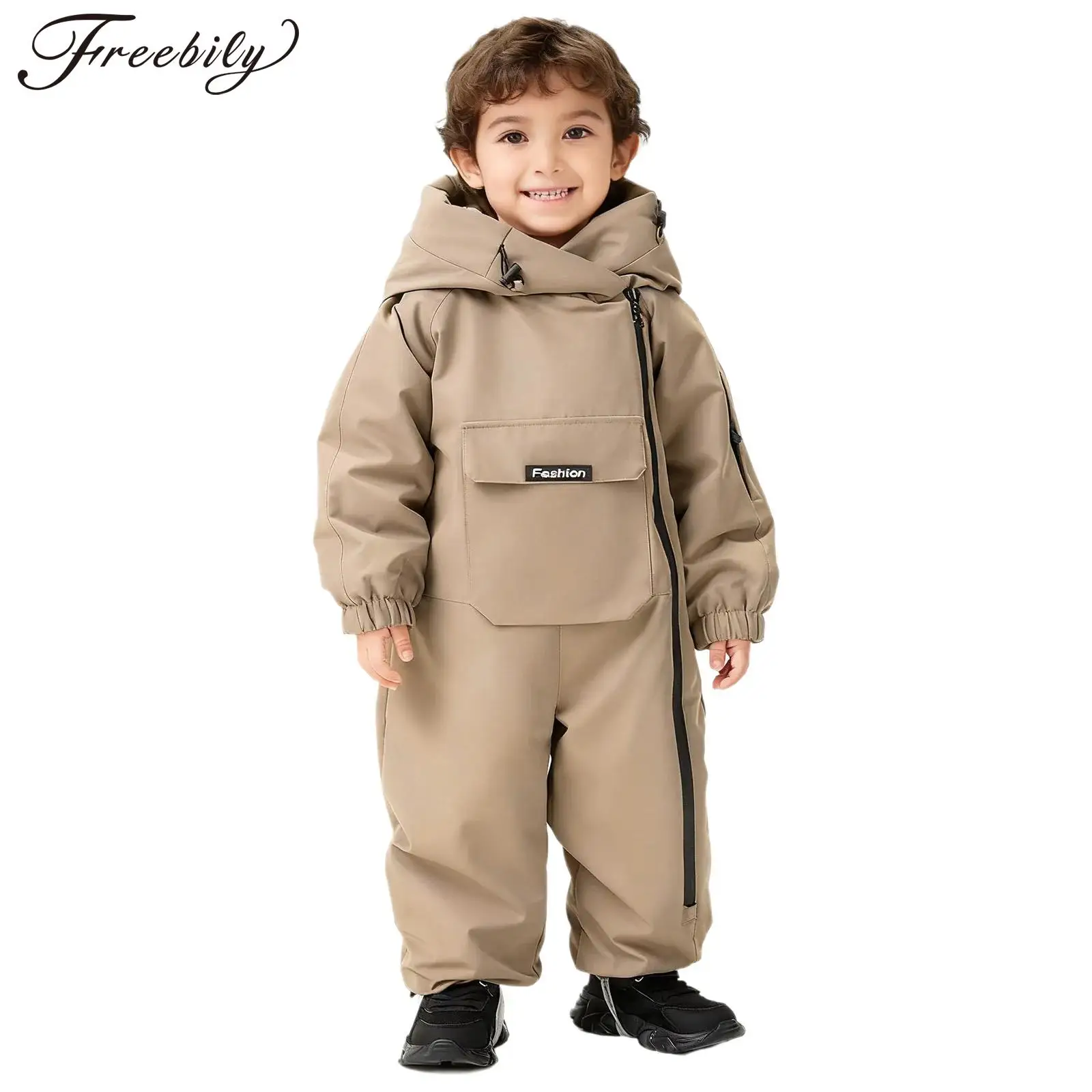 

Toddler Baby Boys Girls Winter Snowsuit Windproof Waterproof Hooded Fleece-Lined Padded Jumpsuit Outdoor Ski Romper with Pockets