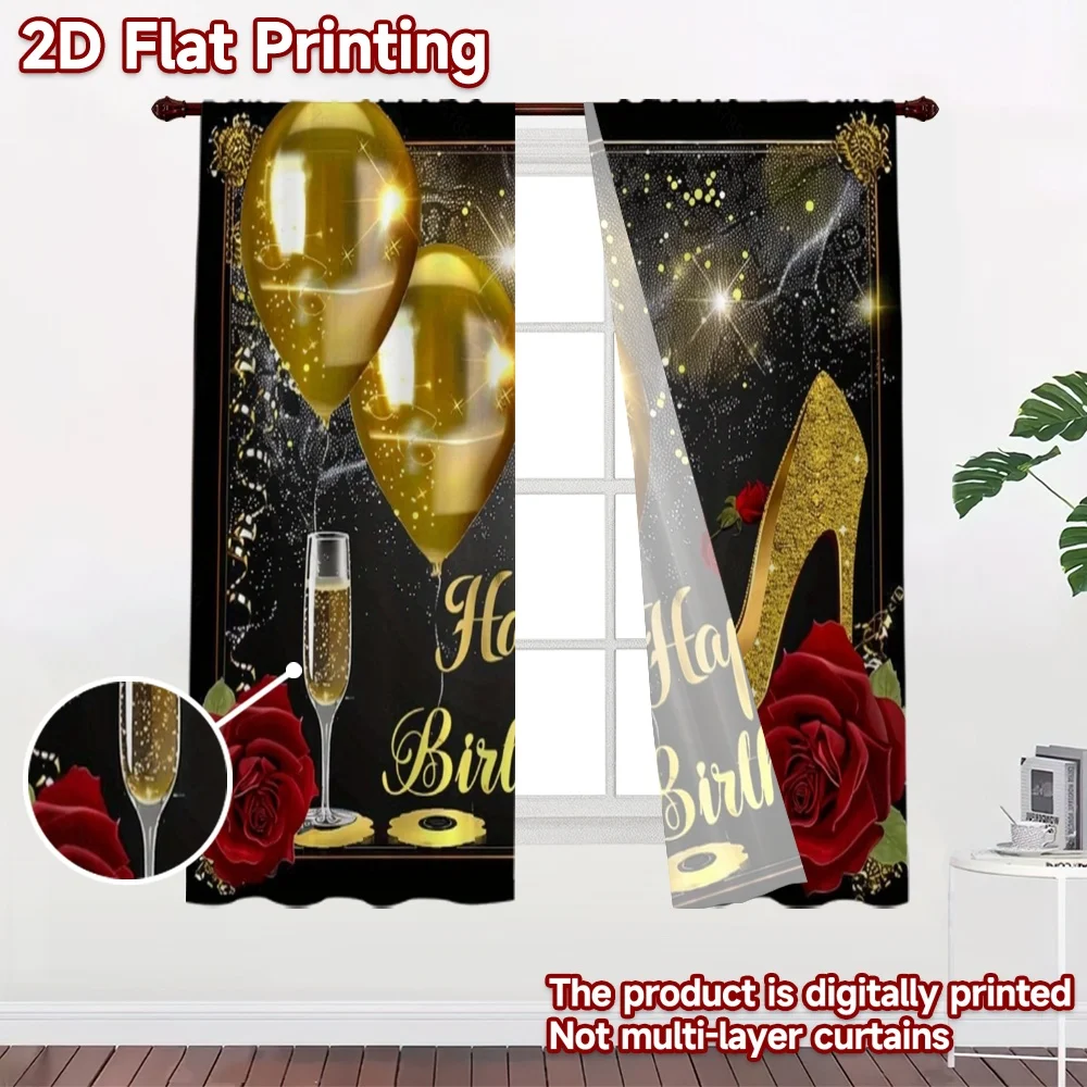 2D flat 2pcs Curtain Home Short Curtains Birthday Gold Balloons Roses Digitally printed polyester Festive Holiday for Bedroom