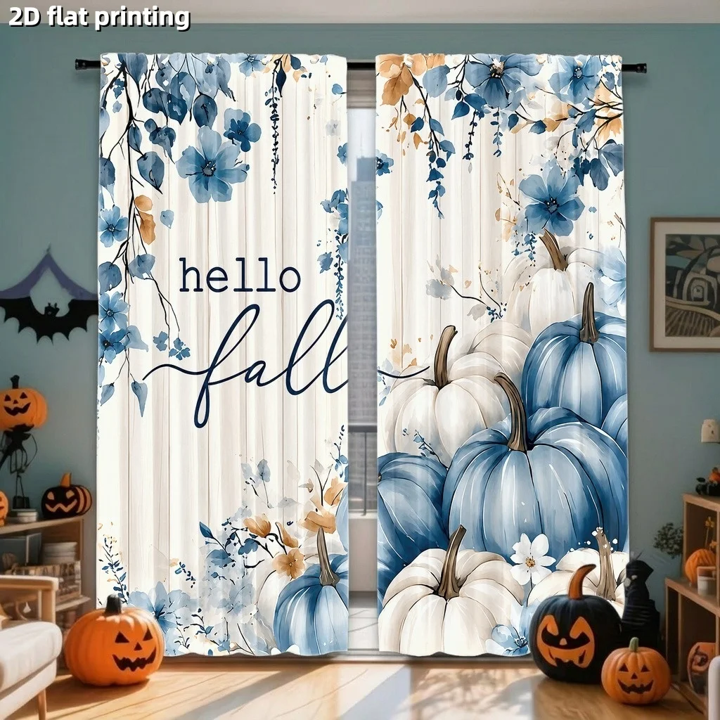 2 pcs,Halloween pumpkin flower curtains,watercolor country wood grain background,suitable for living room bedroom home decoratio
