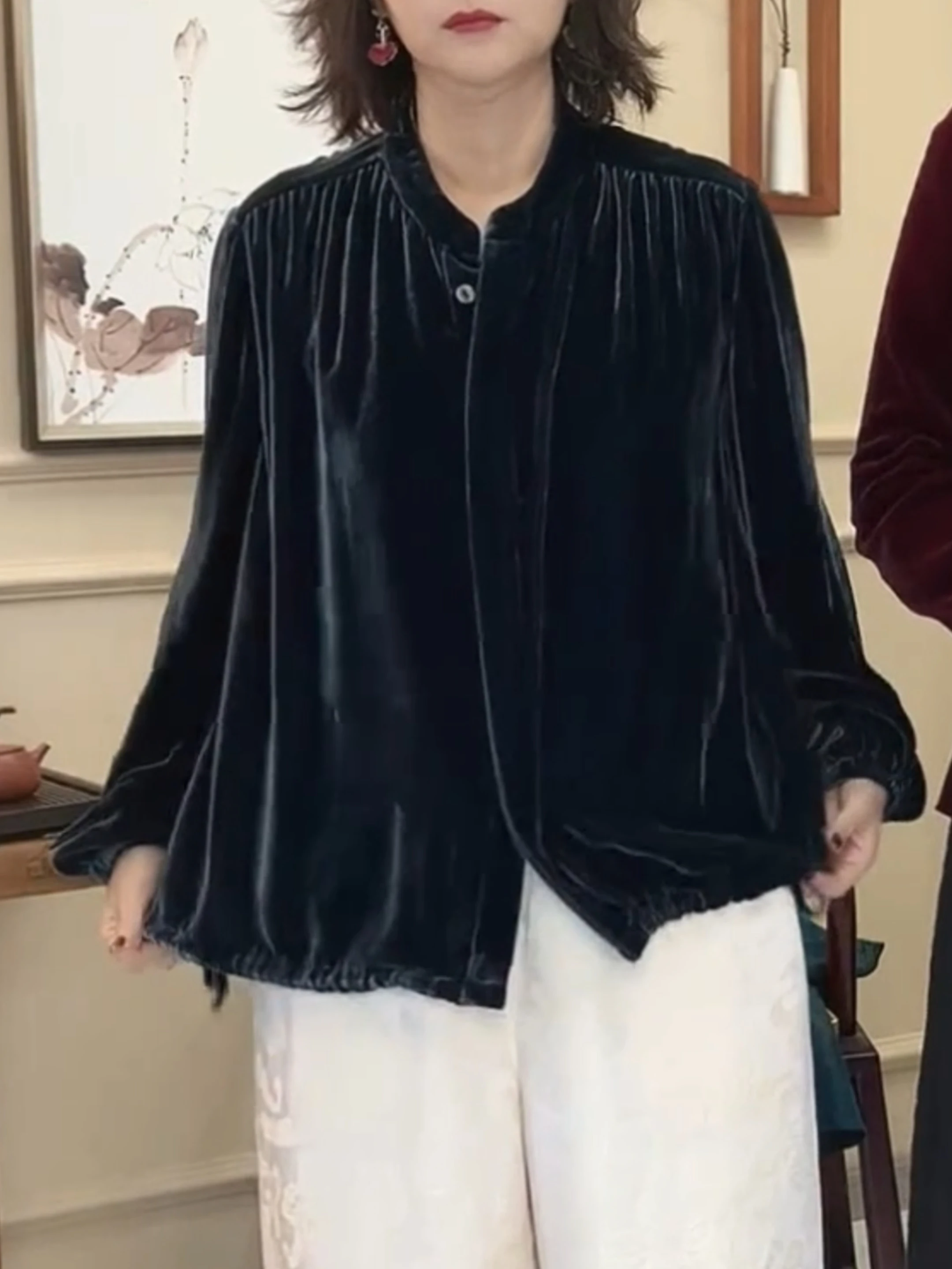 

New Chinese Sle Velvet irt Stand Collar Loose Fit Faionable Bla Top for plus Size Women Autumn Season Single Button C...